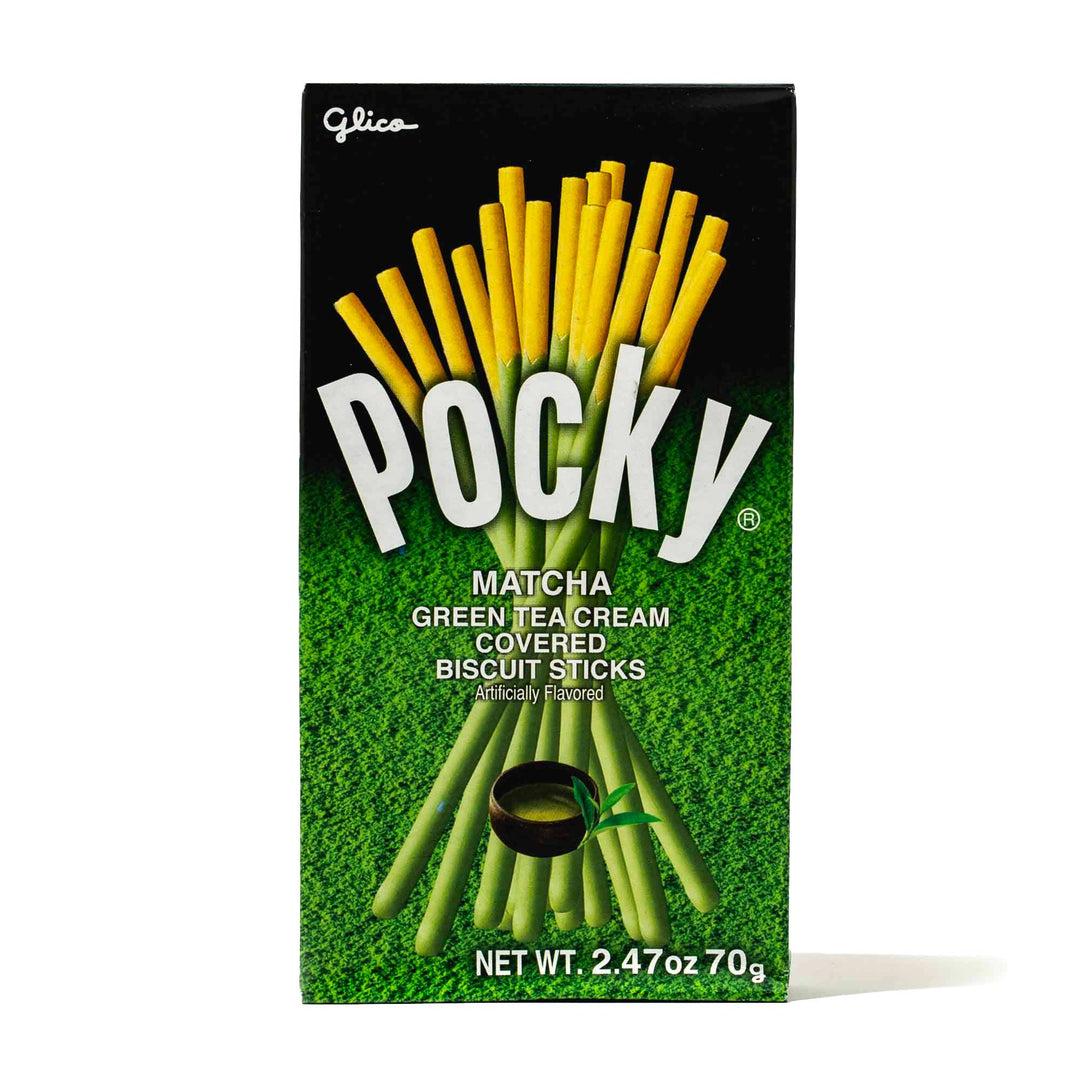 Box of matcha-flavored Glico Pocky: Variety Pack biscuit sticks on a green background.