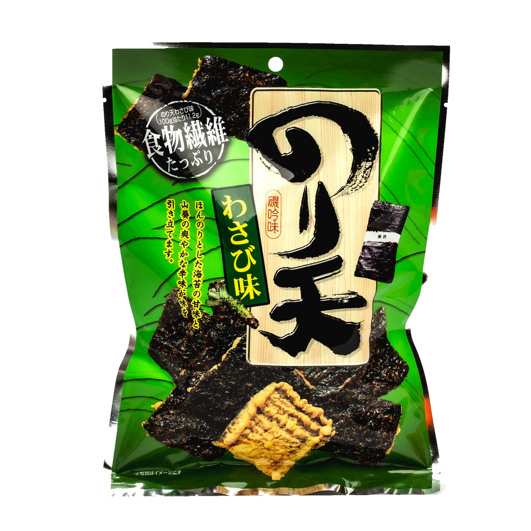 Packaged Ohgiya Noriten Seaweed Tempura Chips: Wasabi 4 Pack, displayed on a green background with Japanese text.