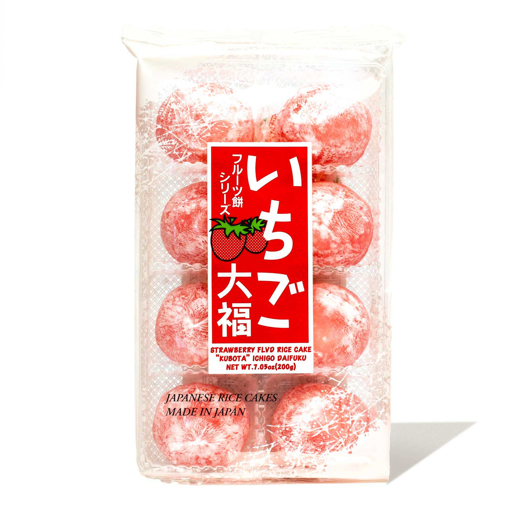 Packaged strawberry-flavored Kubota Daifuku mochi.
Replace with: Packaged strawberry-flavored Kubota Daifuku Mochi: Strawberry 4 Pack
