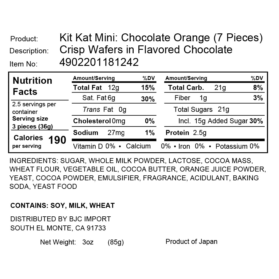 Image of a nutritional label for Nestle Japan's Japanese Kit Kat: Chocolate & Ehime Iyokan Orange minis, listing ingredients and dietary information.