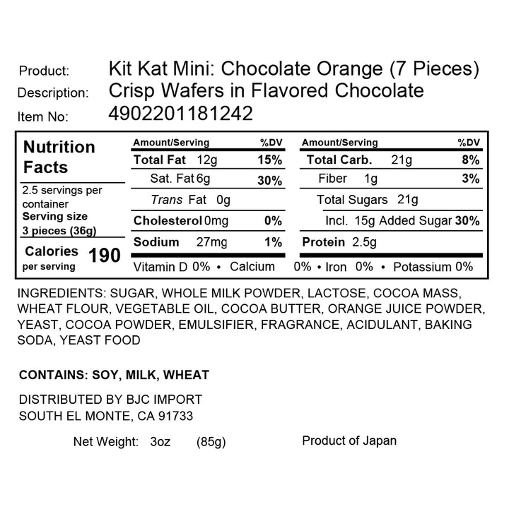 Image of a nutritional label for Nestle Japan's Japanese Kit Kat: Chocolate & Ehime Iyokan Orange minis, listing ingredients and dietary information.