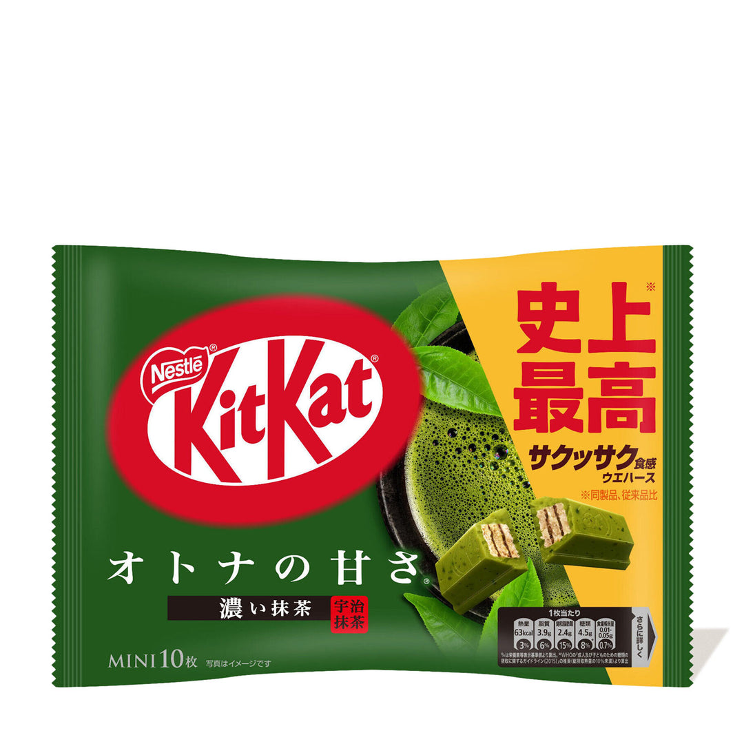 A package of Nestlé Japan Kit Kat, featuring Rich Green Tea flavor, with Japanese text, logo, and image of the chocolate bars.