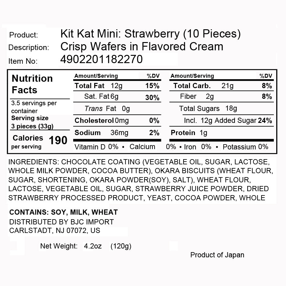 A product label for Nestle Japan's Japanese Kit Kat: Strawberry Otona no Amasa bittersweet strawberry Kit Kat minis, displaying nutritional information, ingredient list, and serving details.