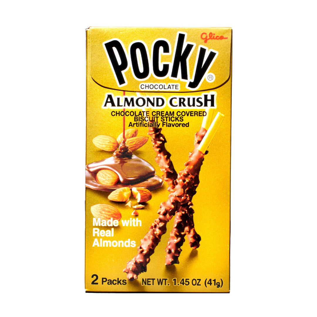 A variety pack of Glico Pocky: Variety Pack biscuit sticks covered in chocolate cream and crushed almonds.