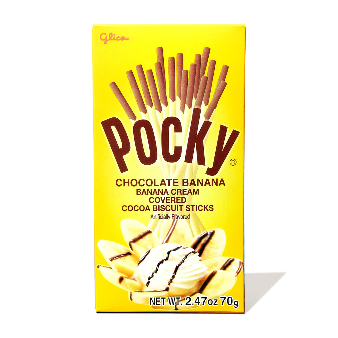 Sentence with replacement: A variety pack of Glico Pocky - cocoa biscuit sticks covered in banana cream.