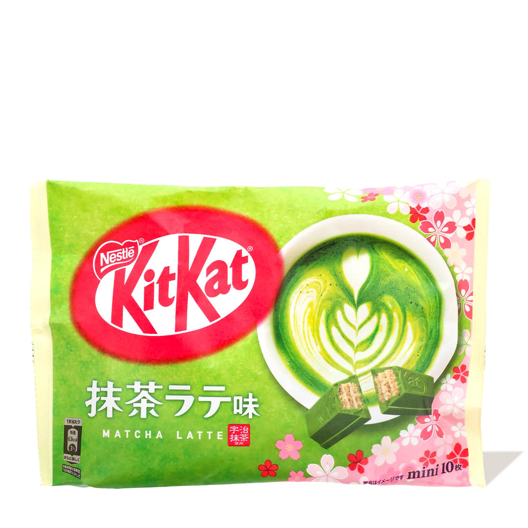 Package of Nestle Japan's Japanese Kit Kat Matcha Latte (Spring Edition) flavor with a vibrant green wrapper, displaying a cup of matcha and cherry blossom designs.