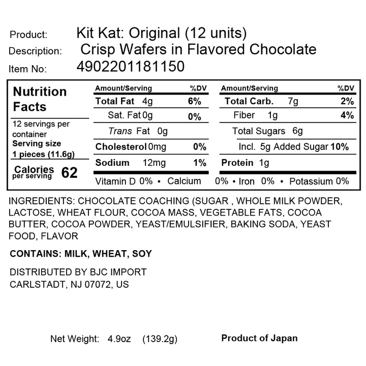 Image showing a nutritional information label for Nestle Japan's Japanese Kit Kat: Original Chocolate wafers, listing ingredients, serving size, and dietary details.