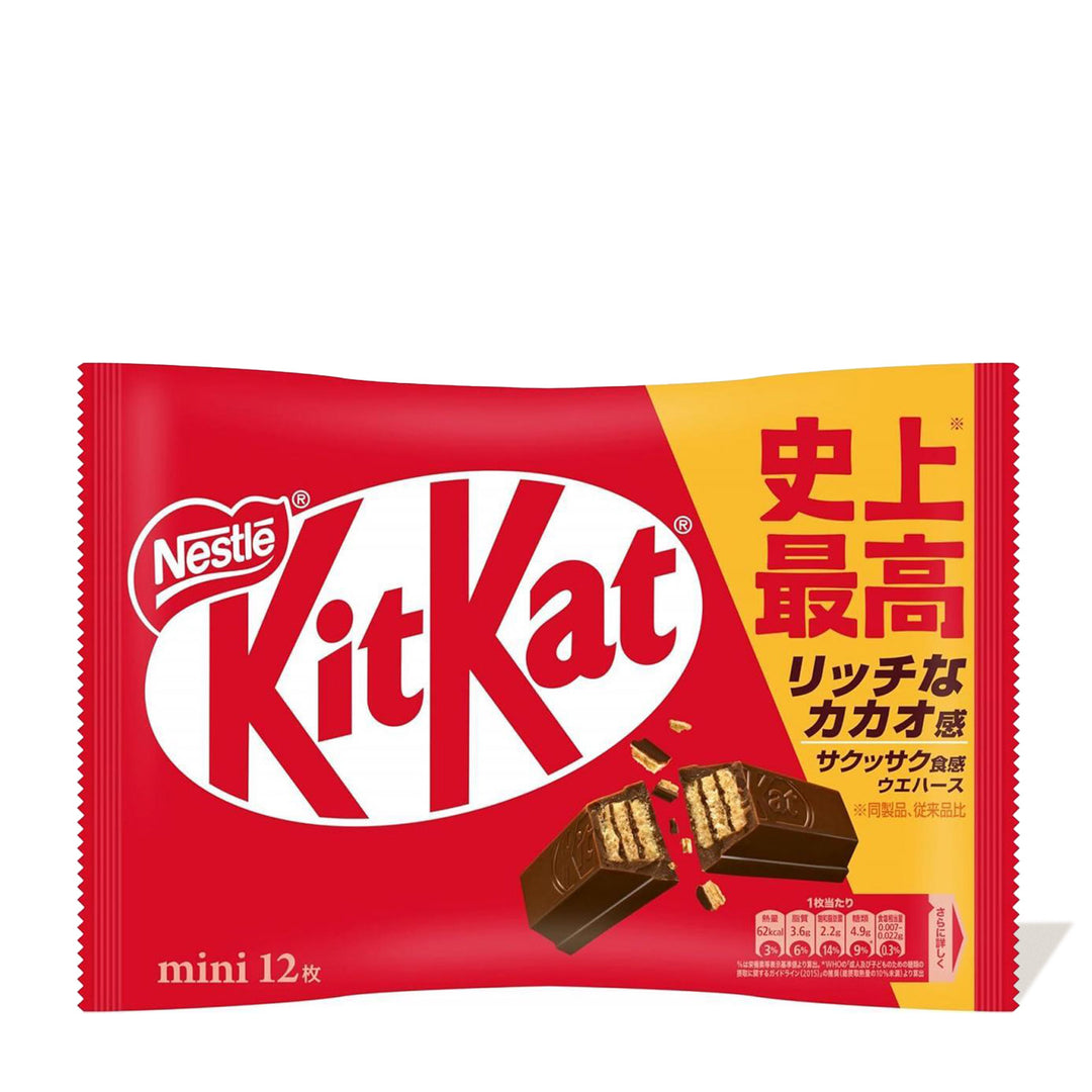 A package of Nestle Japan Japanese Kit Kat: Original Chocolate mini bars, featuring 12 pieces with Japanese characters on a red background.