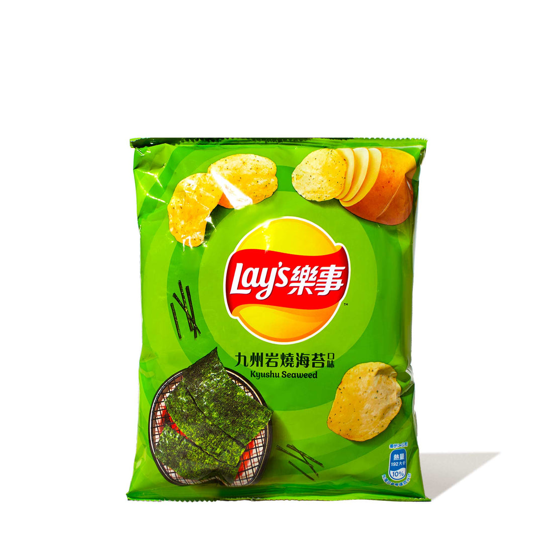 A bag of Lay's Variety Pack Kyushu seaweed flavored potato chips boasting bold flavors against a white background.