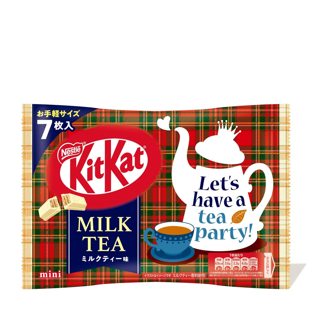 A package of limited-edition Nestle Japan Kit Kat mini bars in milk tea flavor, featuring a plaid background and graphics of a teapot and teacup with the text "let's have a tea party!