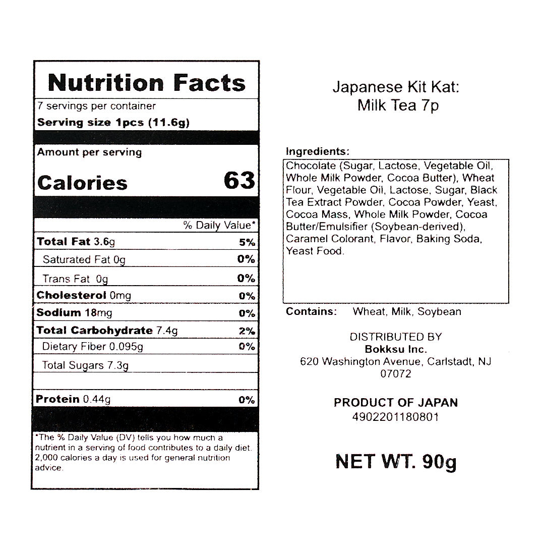 Image of a nutritional facts label and an ingredients list for a Nestle Japan Milk Tea Kit Kat product, presented in a clear, black and white format.