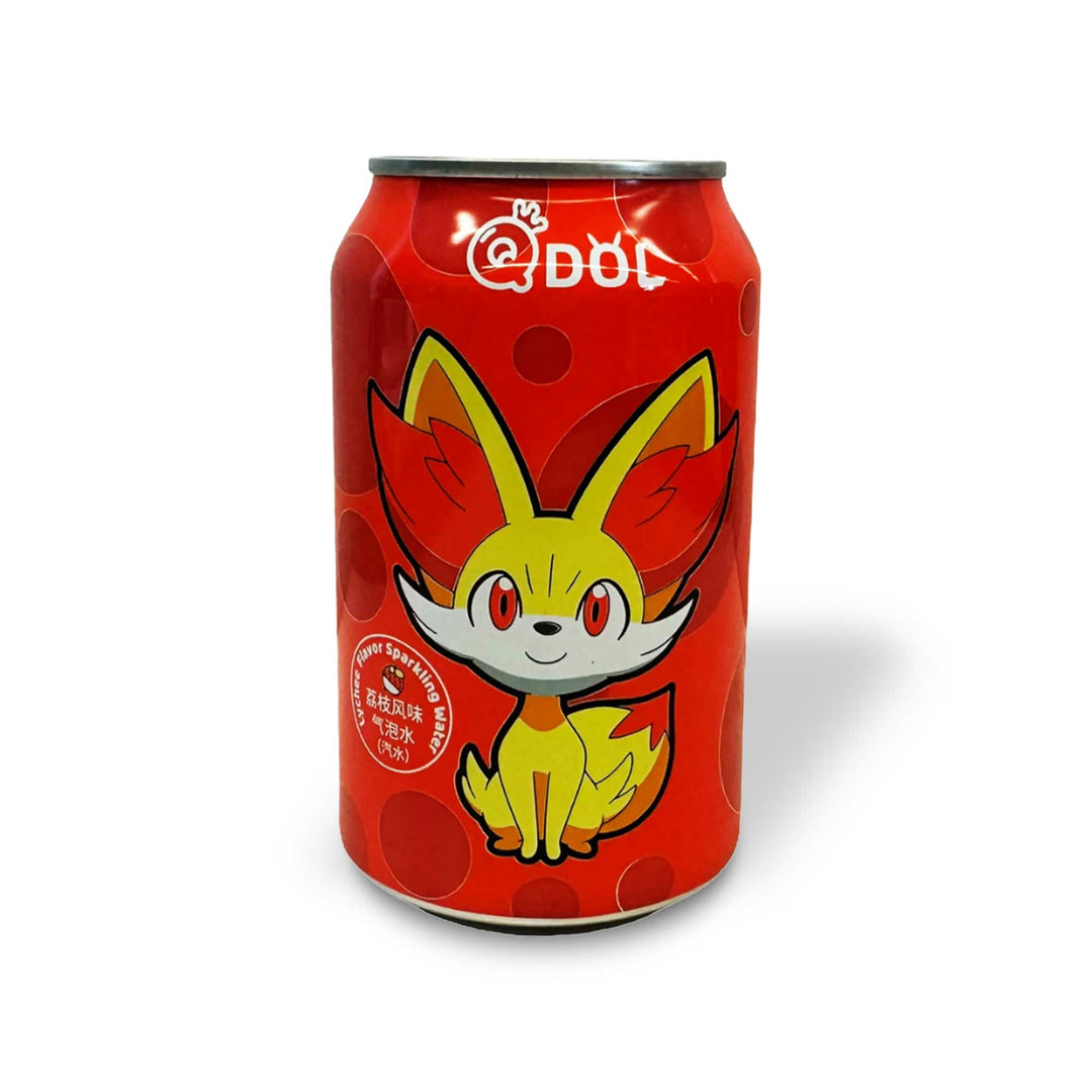 A QDol Pokemon Soda: Lychee Fennekin can with a red fox on it.