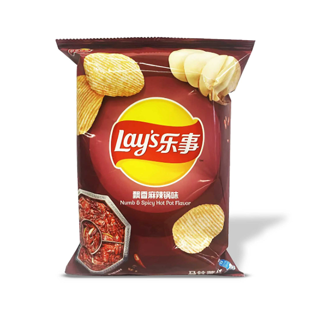 A bag of Lay's Potato Chips: Numbing Spicy Hot Pot on a white background.