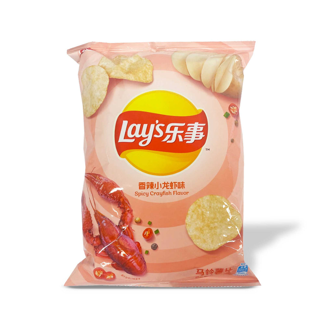 A bag of Lay's Potato Chips: Spicy Crayfish with a lobster on it.