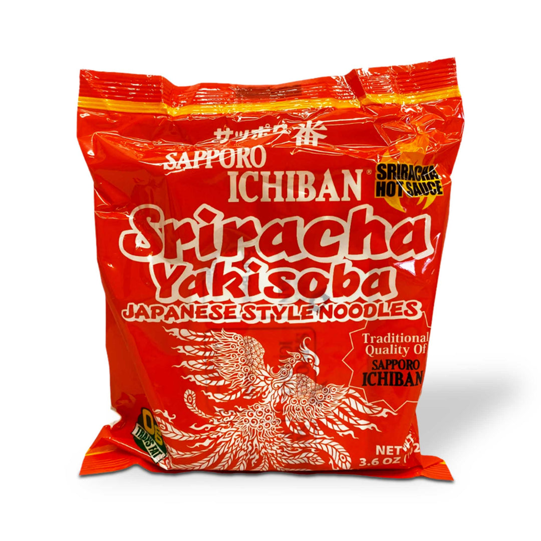 A bag of Sapporo Ichiban Sriracha Yakisoba instant noodles.