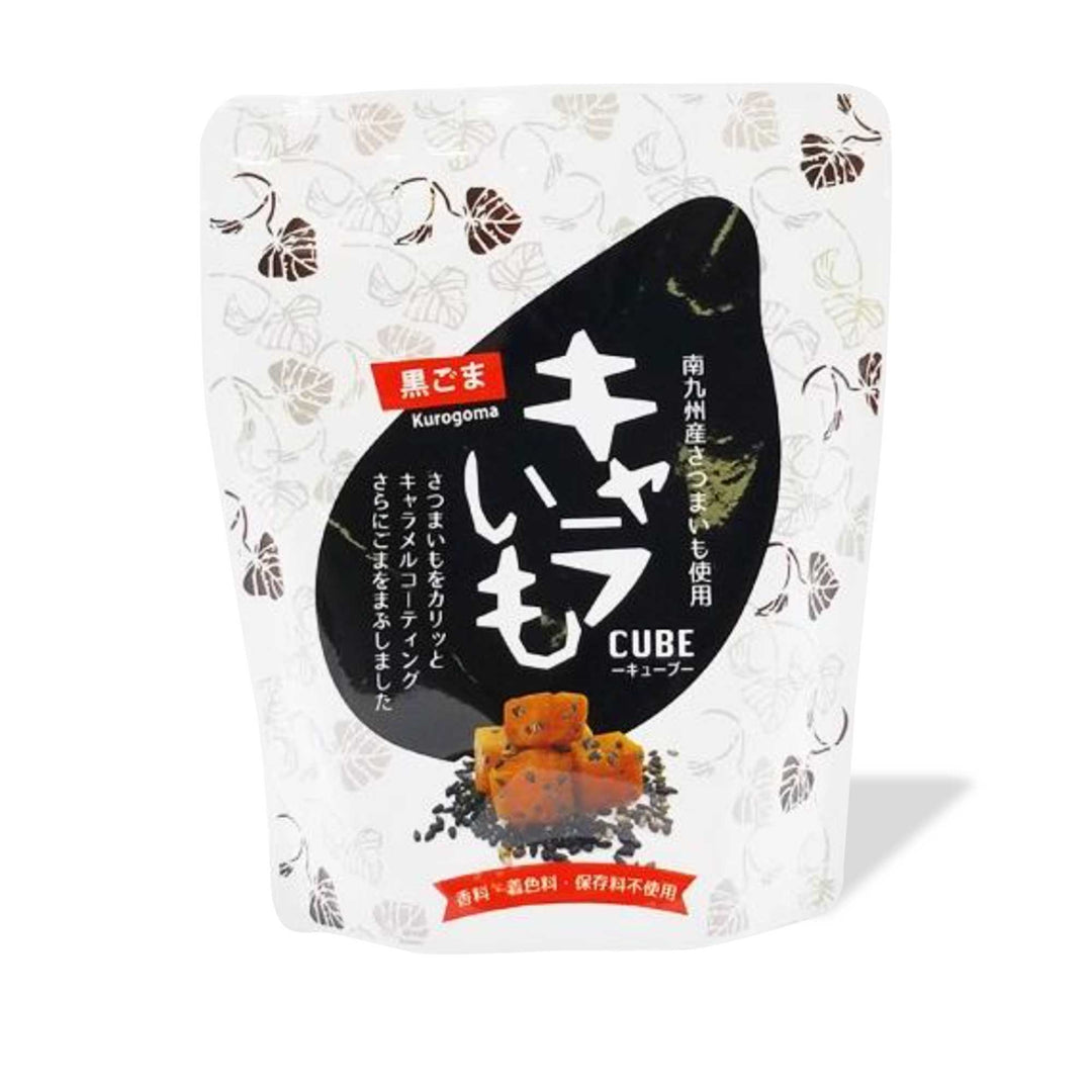 A bag of E-To Cara Imo Candied Sweet Potato: Black Sesame tea with Japanese writing on it, infused with the rich flavors of black sesame seeds.