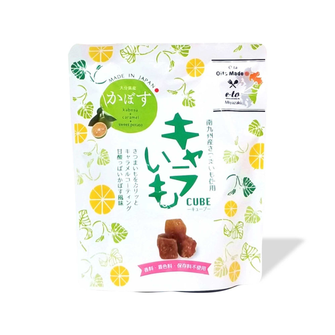 A bag of E-To Cara Imo Candied Sweet Potato: Kabosu Japanese Citrus gummy bears on a white background.