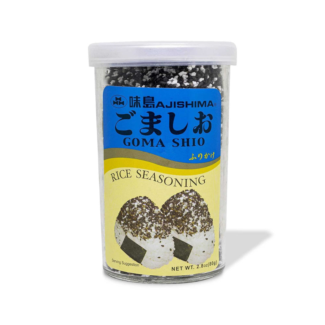 Umami-rich Ajishima Goma Shio Black Sesame & Rock Salt furikake rice seasoning with sesame seeds.