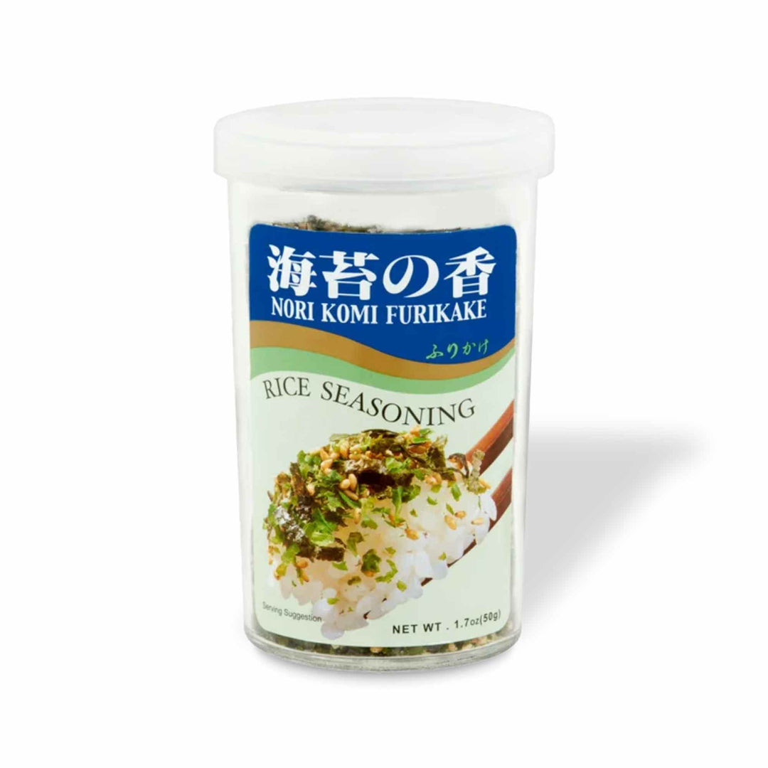 A jar of Ajishima Furikake Rice Seasoning: Nori Seaweed with a tantalizing umami punch from nori seaweed.