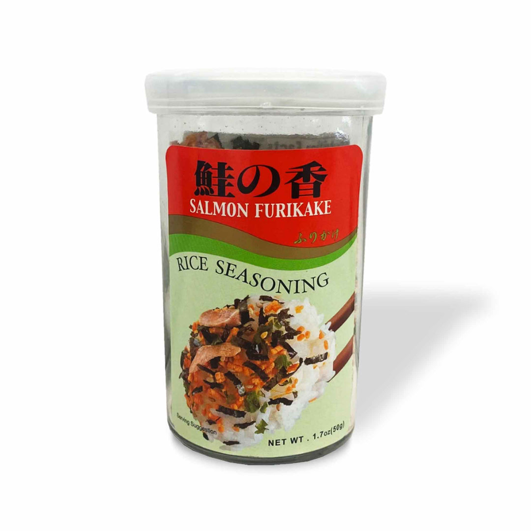 A jar of Ajishima Furikake Rice Seasoning: Salmon on a white background.