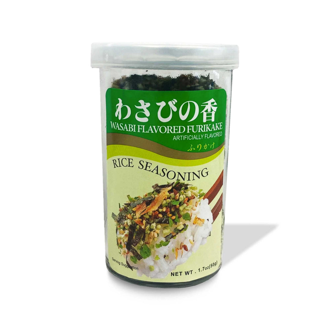 An Ajishima Furikake Rice Seasoning: Wasabi container placed on a white background.