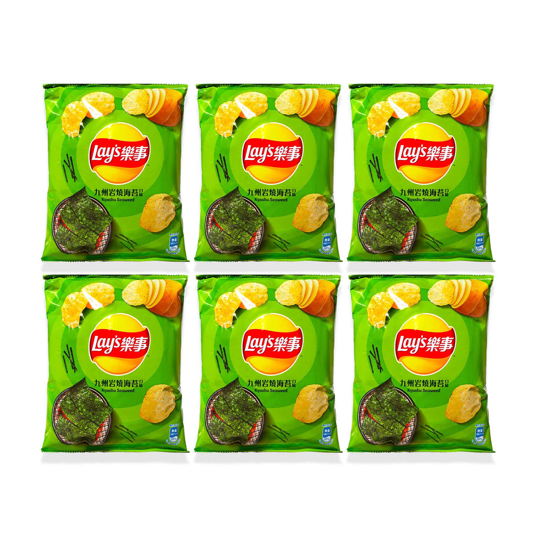 Nine bags of Lay's potato chips with green packaging, displaying images of sliced kiwi and seaweed, suggesting a Lay’s Potato Chips: Kyushu Seaweed 6 Pack variety.