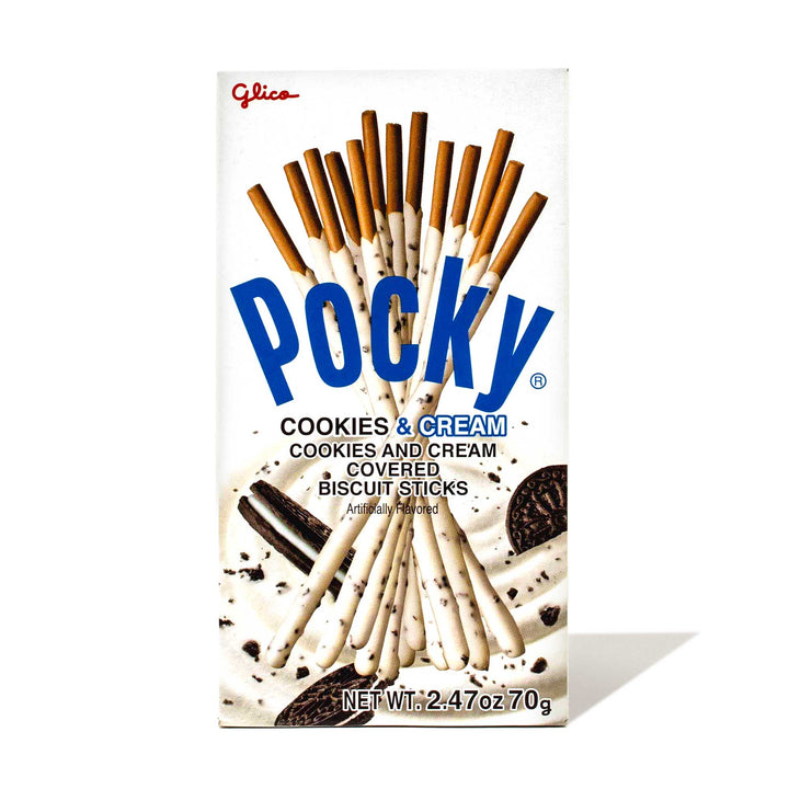 Box of Glico Pocky: Variety Pack cookies & cream flavor on a white background.