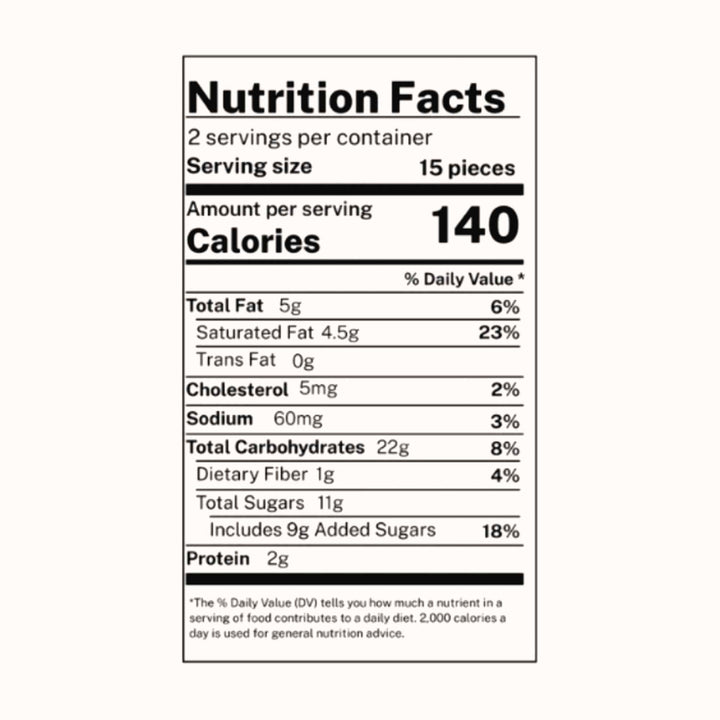 Nutrition label displaying serving size, calories, and dietary contents such as fat, cholesterol, sodium, carbohydrates, and protein for the Glico Pocky: Variety Pack by Glico.