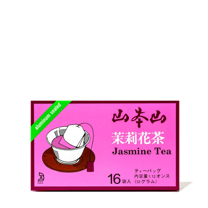 Yamamotoyama Jasmine Tea (16 bags) on a pink background.