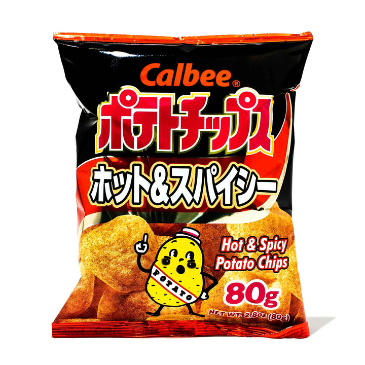 A bag of Calbee Hot & Spicy potato chips.