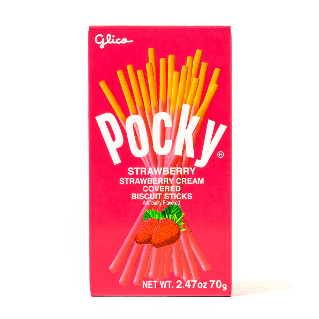 A box of Glico Pocky: Strawberry sticks on a white background.