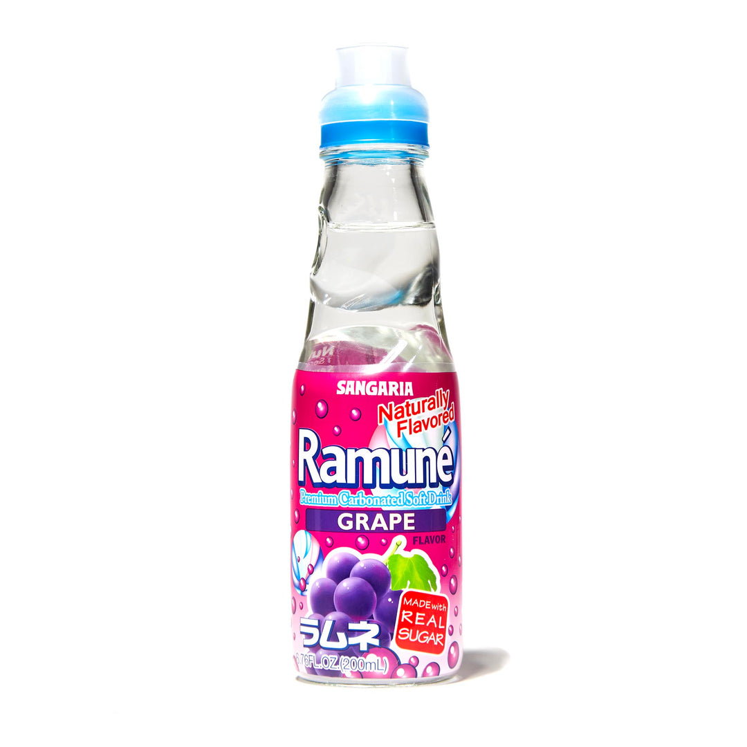 A bottle of Sangaria Ramune Soda: Grape on a white background.