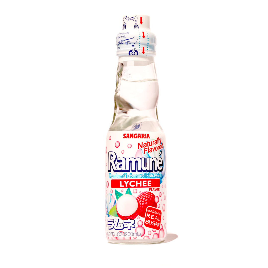 A bottle of Sangaria Ramune Soda: Lychee on a white background.