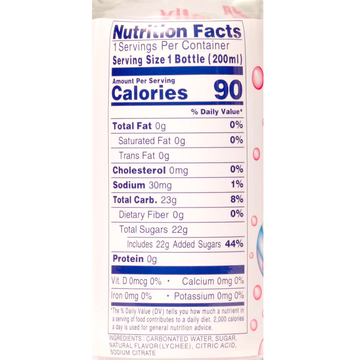 A label showing the nutrition facts of a bottle of Sangaria Ramune Soda: Lychee.
