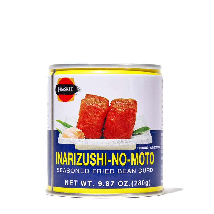 A can of J-Basket Inari no Moto Seasoned Fried Bean Curd on a white background.