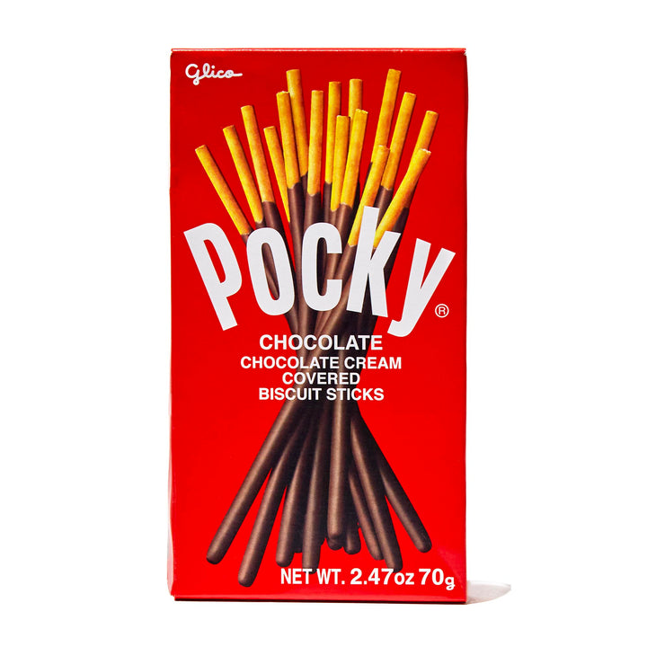 A box of Glico Pocky: Chocolate, Japanese snack biscuit sticks dipped in chocolate cream, against a white background.