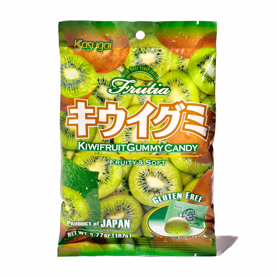 A bag of Kasugai Frutia Kiwi Gummy candy.