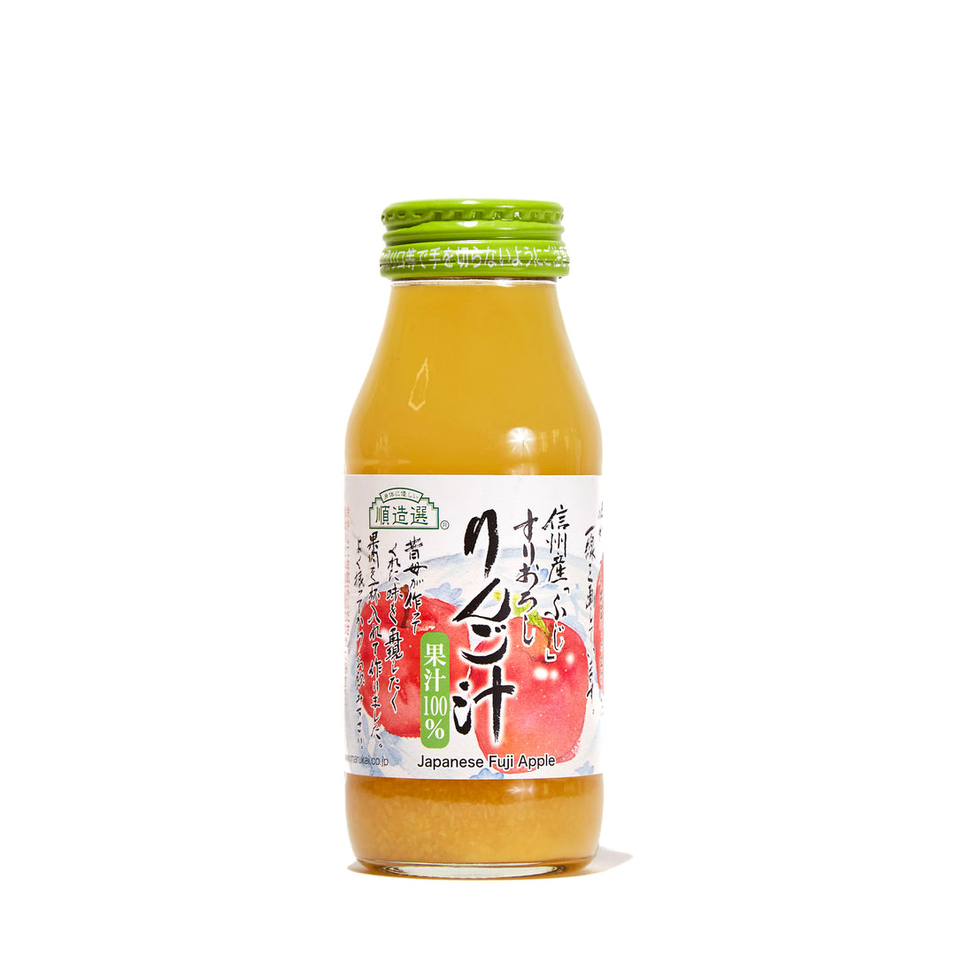 A bottle of Junzosen Surioroshi Fuji Apple Juice on a white background.