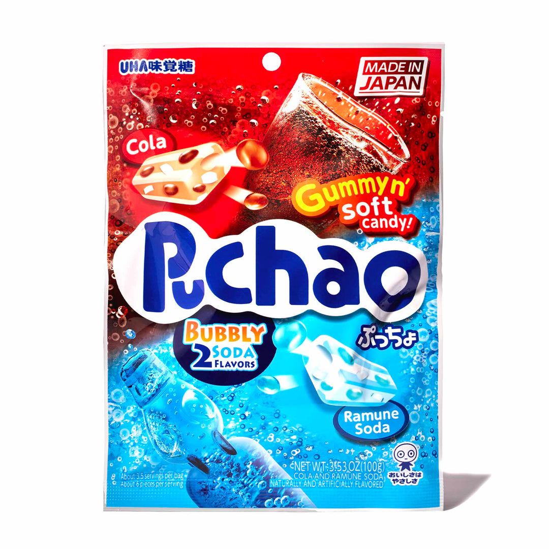 A packet of chewy cola-flavored UHA Mikakuto Puchao Gummy Candy: Ramune & Cola iced tea.