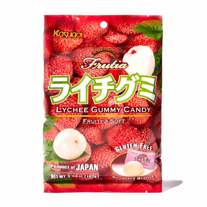 A bag of Kasugai Frutia Lychee Gummy candy.