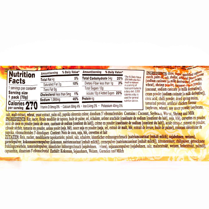 A label for Mama Thai Instant Noodles: Pad Thai with a lot of information on it.