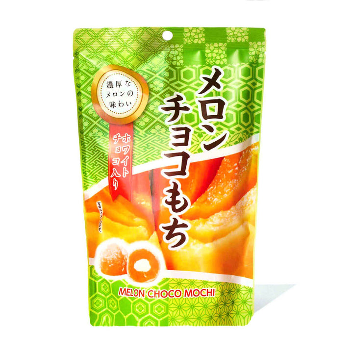 A package of Seiki One-Bite Mochi: Melon Choco, featuring Japanese text, and images of mochi with melon filling and chocolate centers.