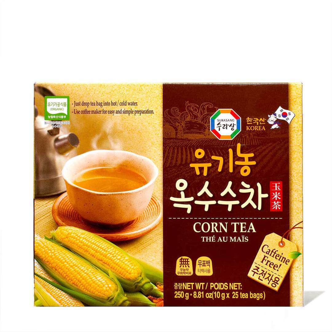 A box of Surasang Organic Caffeine-Free Roasted Corn Tea (25 bags).