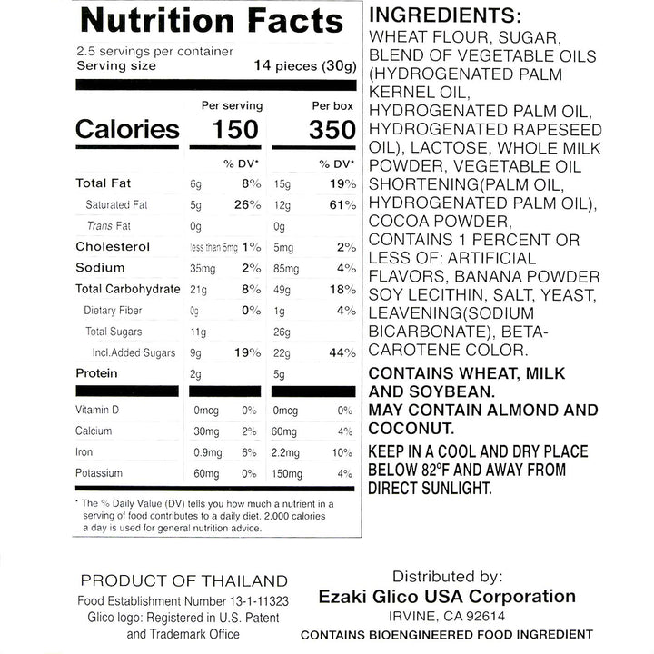 A nutrition label for Glico Pocky: Chocolate Banana by Glico.