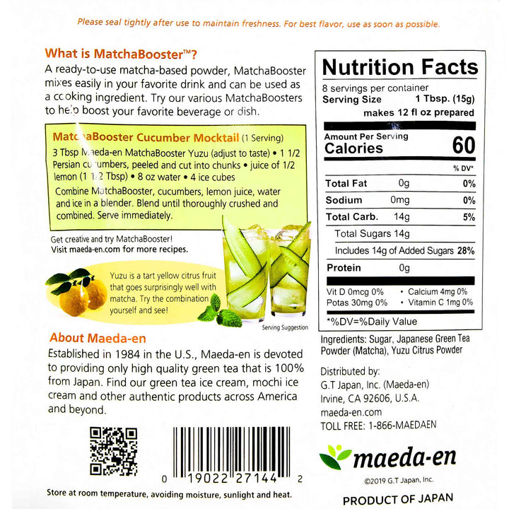 The back of a Maeda-en label with information about the Matcha Booster: Yuzu product.