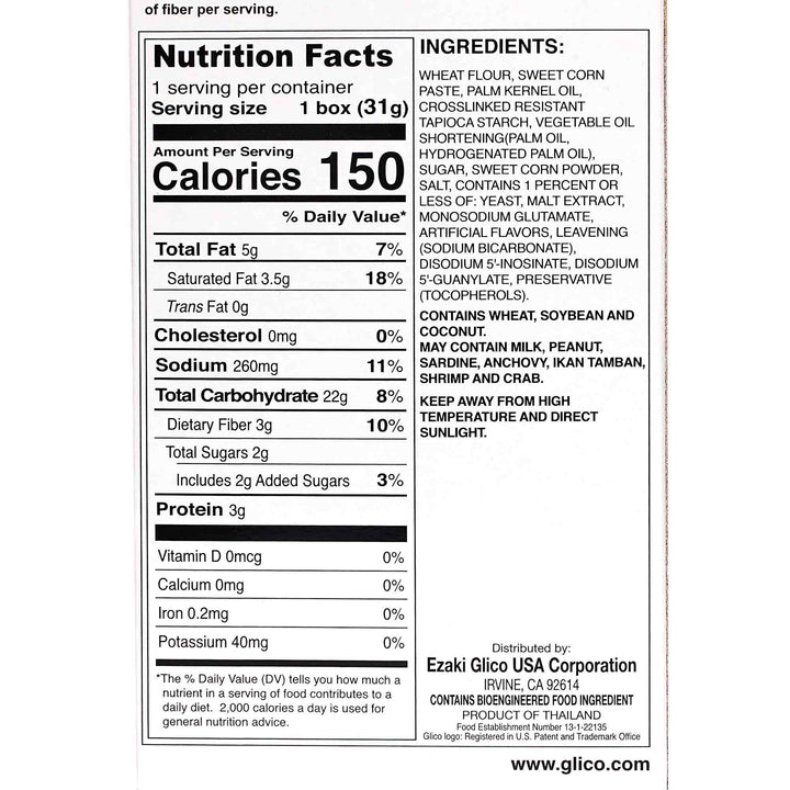 A nutrition label for Glico Pretz: Sweet Corn by Glico.
