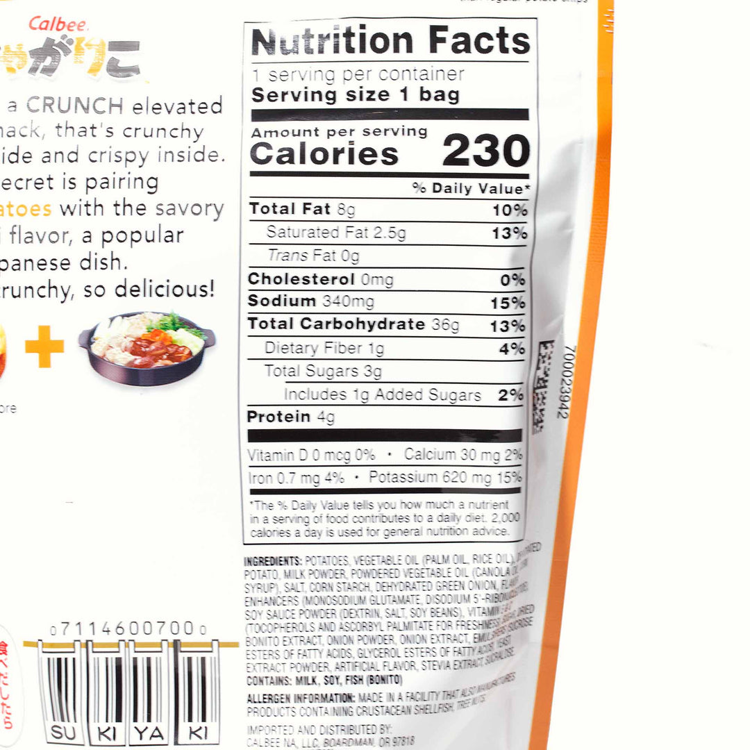 The back of a nutrition label for Calbee Jagarico: Sukiyaki chips.