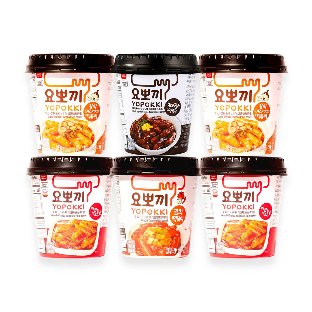 Six containers of Yopokki Instant Tteokbokki Rice Cake Cup: Variety Pack arranged in two rows.