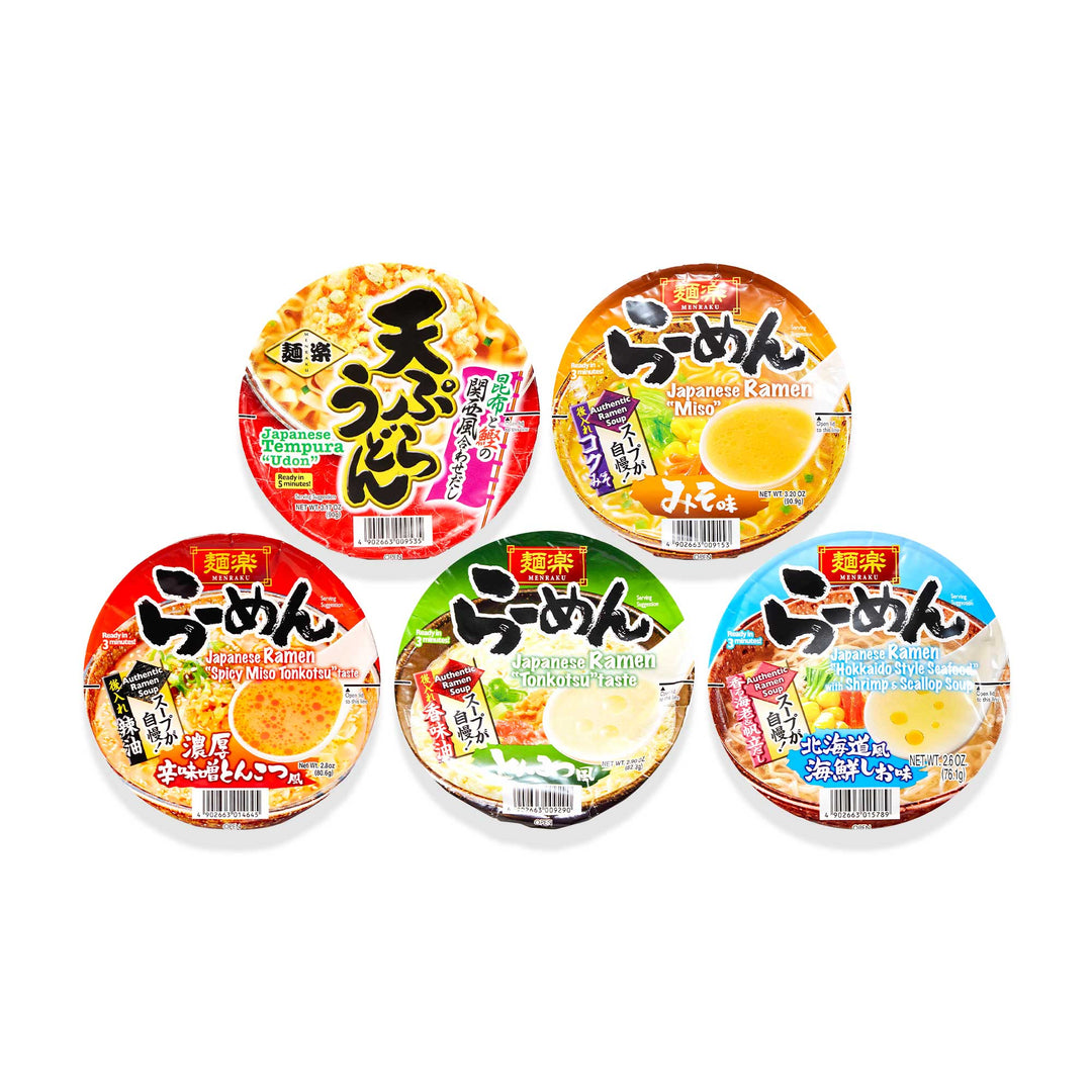 Five assorted flavors of Hikari Menraku: Variety Pack instant ramen noodles in circular packaging displayed on a white background.