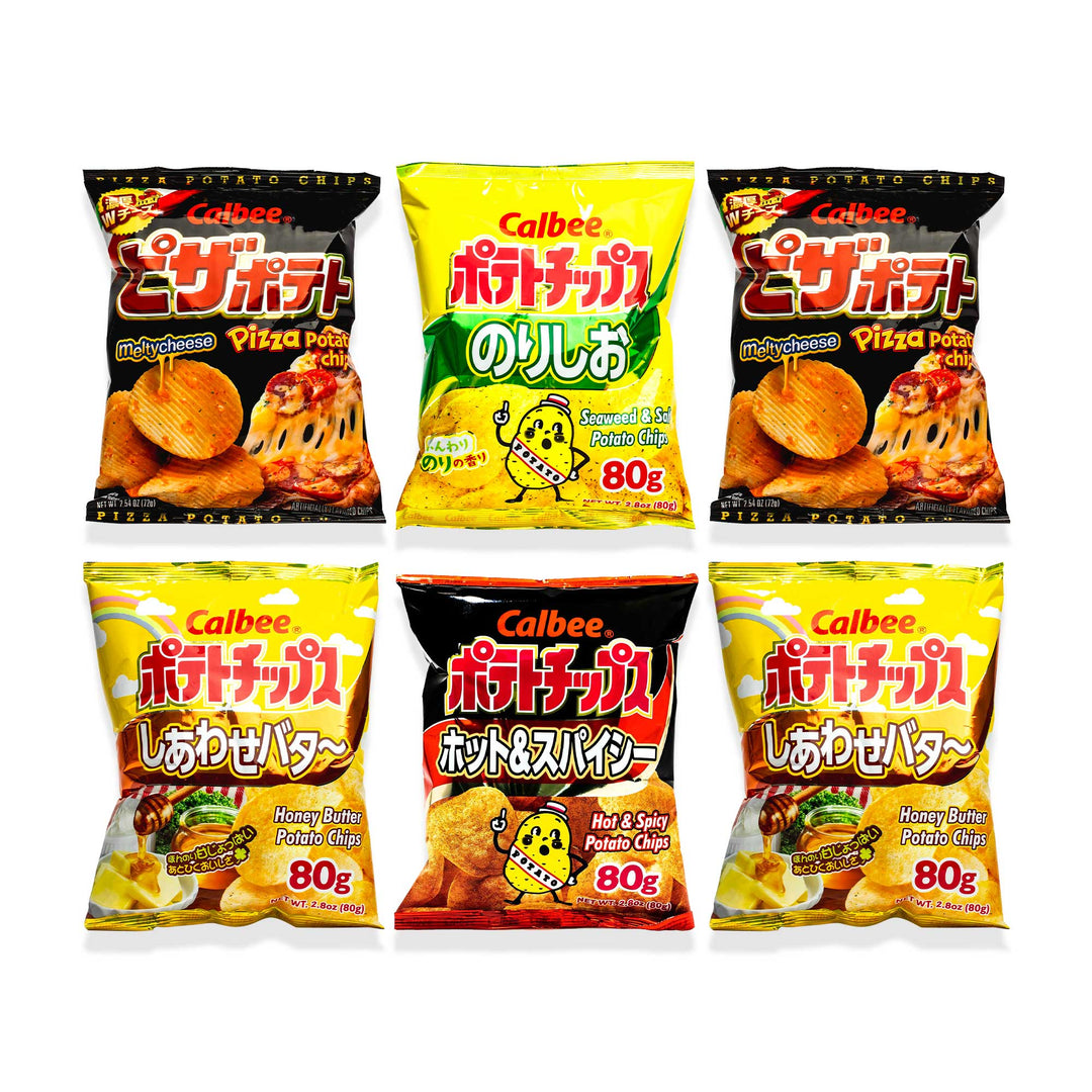Six bags of Calbee Potato Chips in a variety pack of umami flavors, displayed against a white background.